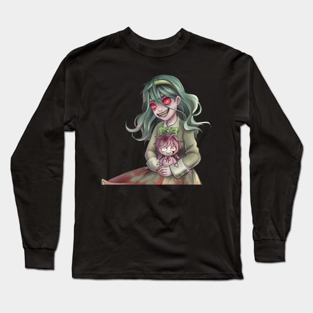 Girl with haunted doll horror drawing art manga style Long Sleeve T-Shirt by tessacreativeart